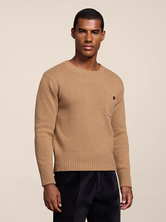 REGULAR FIT CAMEL WOOL CREW-NECK SWEATER WITH BREAST POCKET - CAMEL - Check Active | Pence 1979