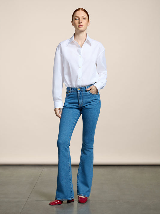 PANTALONE 5 TASCHE A ZAMPA DA DONNA IN DENIM COMFORT BLU CHIARO - LIGHT DENIM BLUE - Abbigliamento Donna | Pence 1979