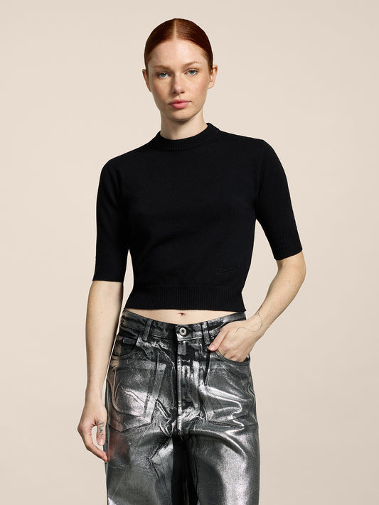 MINI CREW NECK SWEATER SLIM FIT SHORT SLEEVES EMBROIDERED LOGO BLACK - BLACK - promo code | Pence 1979