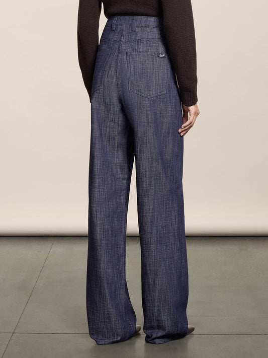 PANTALONE CINQUE TASCHE IN DENIM LEGGERO SPICY BLU CON GAMBA AMPIA E VITA ALTA - SPICY BLU - Abbigliamento Donna | Pence 1979