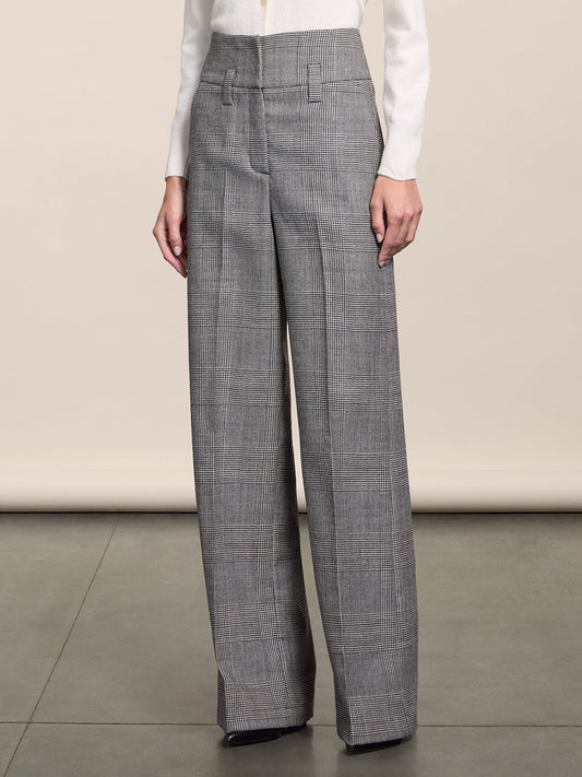 PANTALONI A VITA ALTA IN LANA BIANCO E NERO, CINTURA ALTA PASSANTI BASSI E GAMBA AMPIA - BLACK\WHITE - Abbigliamento Donna | Pence 1979