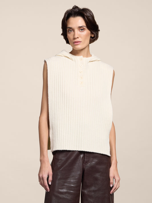 RIBBED WOOL HOODIE VEST NATURAL - NATURAL - Check Active | Pence 1979