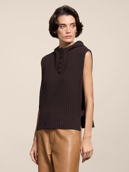 RIBBED WOOL HOODIE VEST MAHOGANY - MAHOGANY - Check Active | Pence 1979