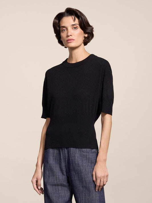MAGLIA GIROCOLLO MANICA CORTA CON BORDO ALTO IN LANA E CASHMERE REGULAR FIT NERO - NERO - Abbigliamento Donna | Pence 1979