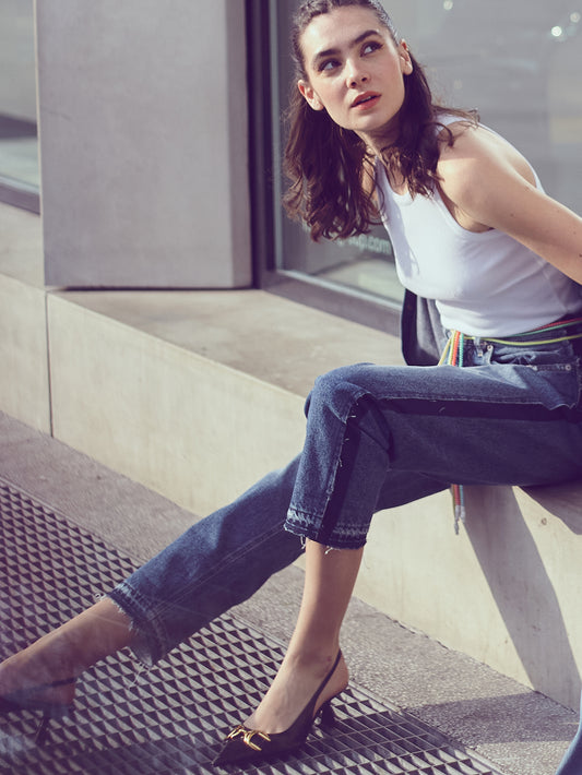 Cinque tasche oversize boyfriend a vita alta - Blu - Abbigliamento Donna | Pence 1979