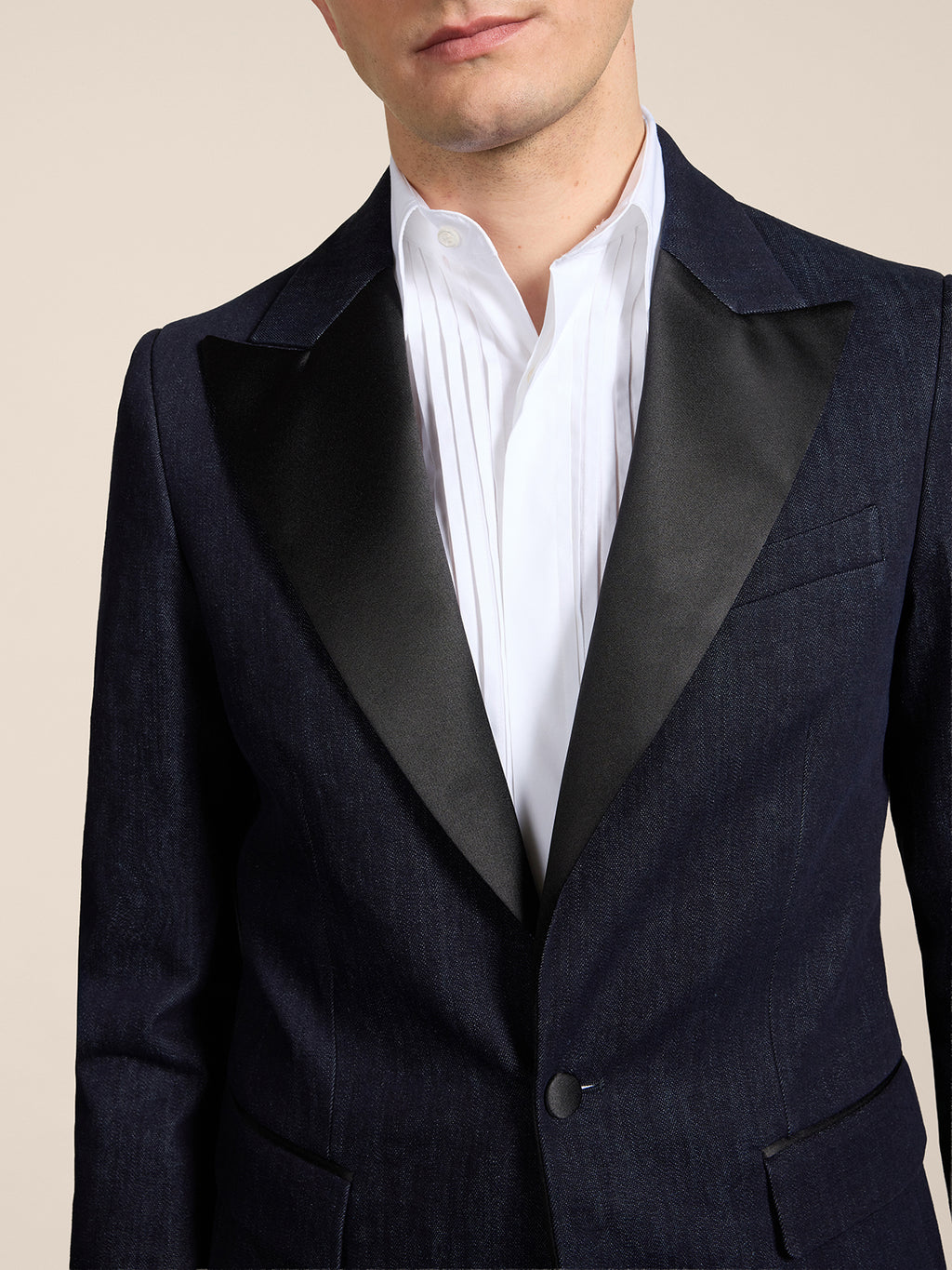 DARK BLUE COMFORT DENIM TUXEDO JACKET WITH SATIN DETAILS - NIGHT BLUE  - Men′s Blazers | Pence 1979