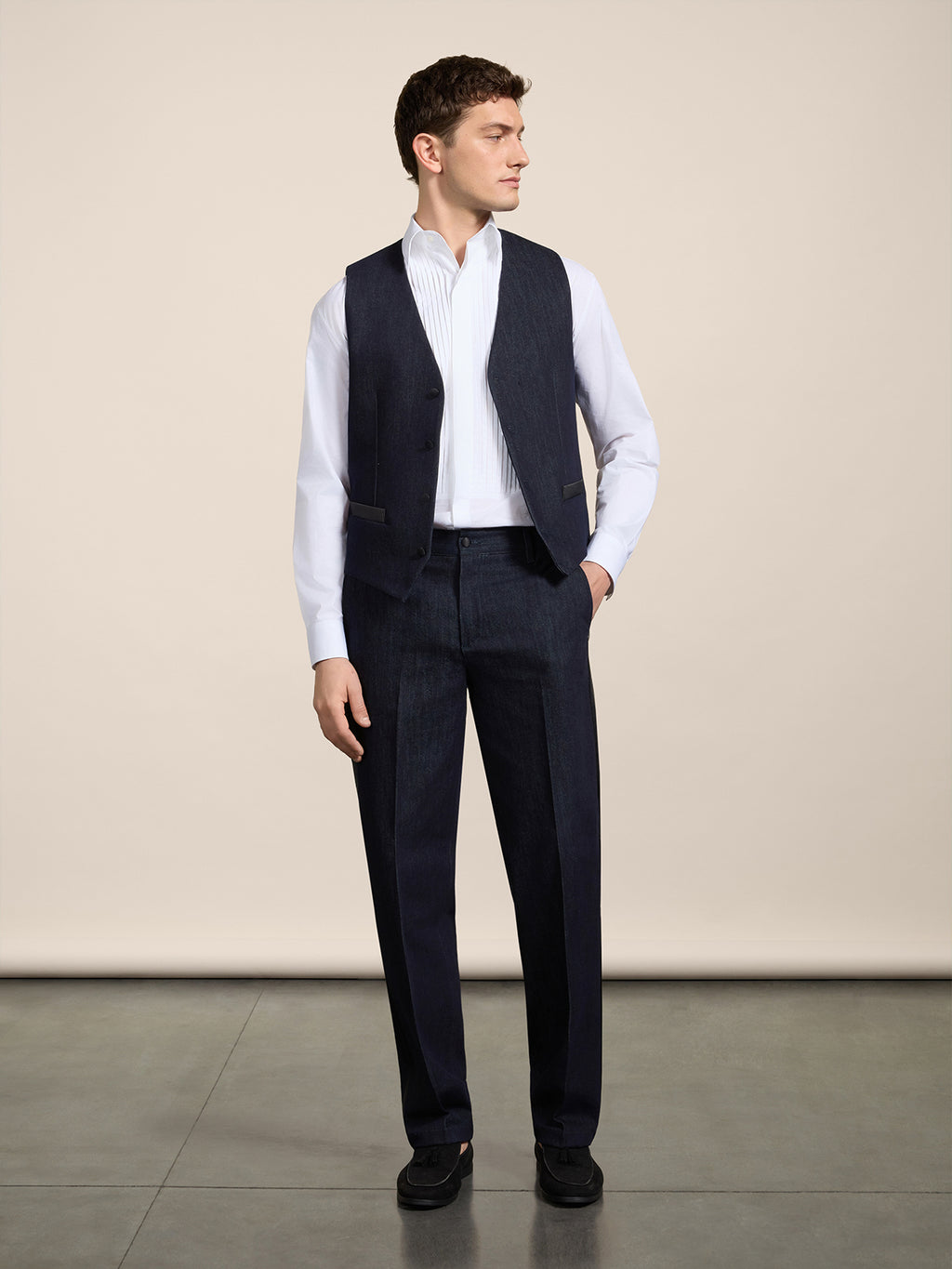 REGULAR-FIT CHINOS IN DARK BLUE COMFORT DENIM WITH SATIN DETAILS - NIGHT BLUE - Men′s Bottomwear | Pence 1979