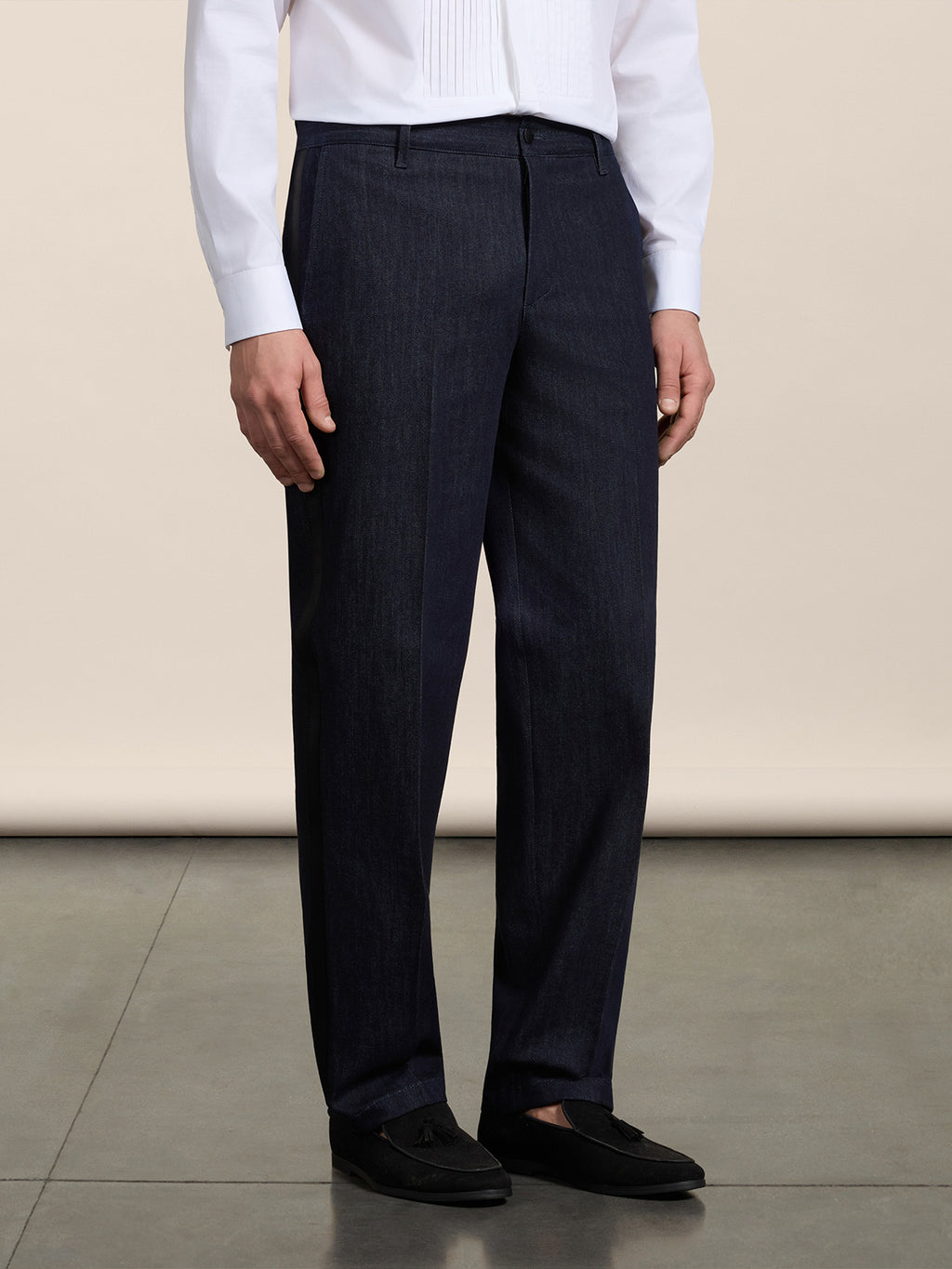 REGULAR-FIT CHINOS IN DARK BLUE COMFORT DENIM WITH SATIN DETAILS - NIGHT BLUE - Men′s Bottomwear | Pence 1979