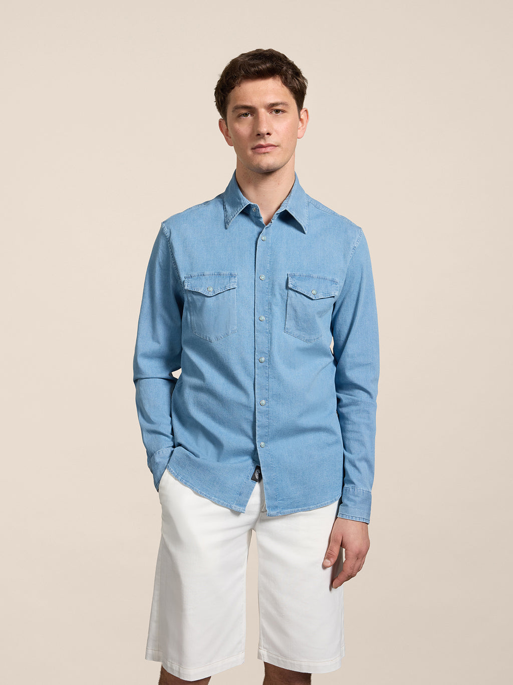 REGULAR-FIT SHIRT IN LIGHT MEDIUM BLUE COMFORT DENIM WITH POCKETS - MEDIUM LIGHT BLUE  - Men′s Clothing  | Pence 1979