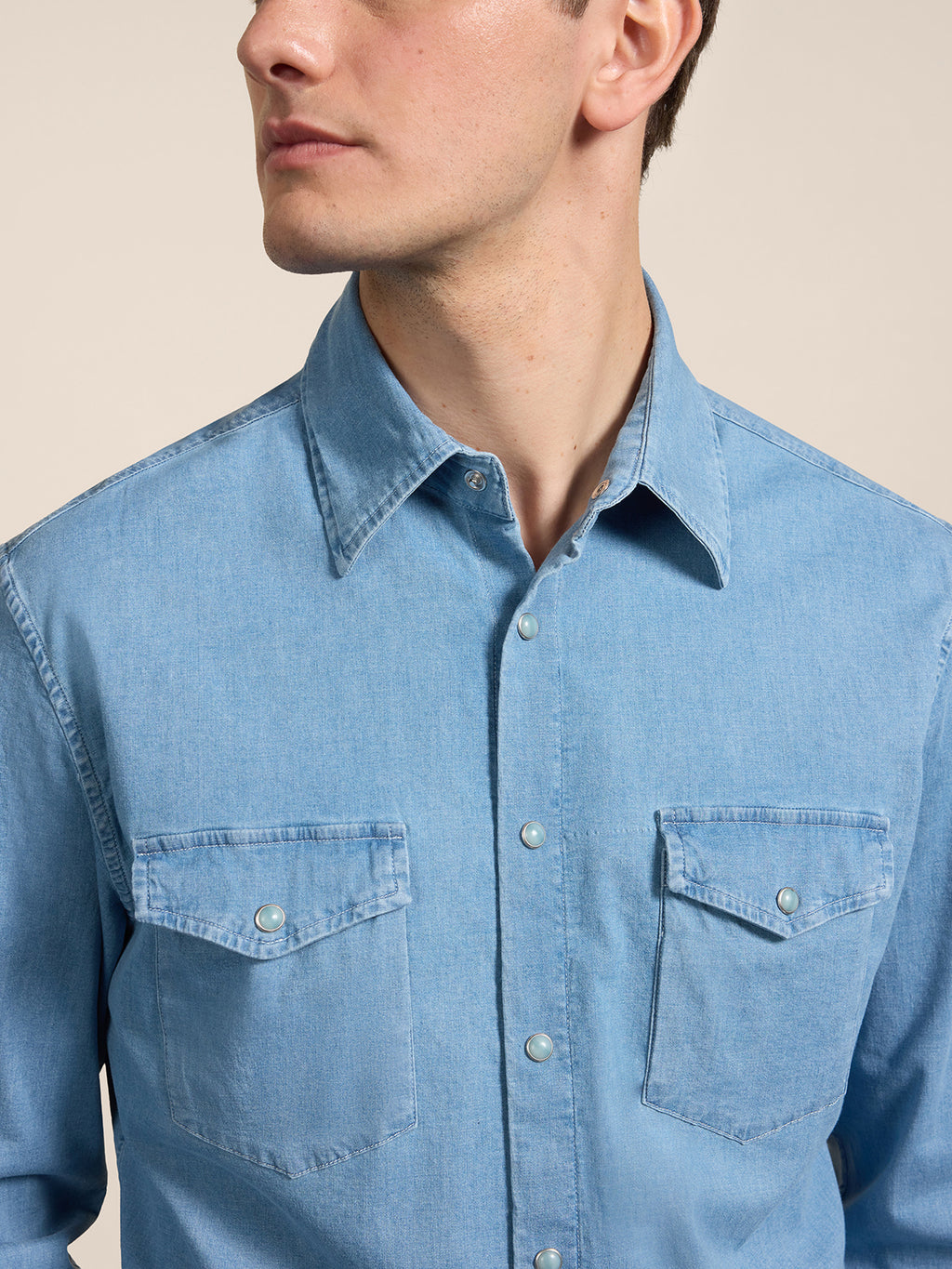 REGULAR-FIT SHIRT IN LIGHT MEDIUM BLUE COMFORT DENIM WITH POCKETS - MEDIUM LIGHT BLUE  - Men′s Clothing  | Pence 1979
