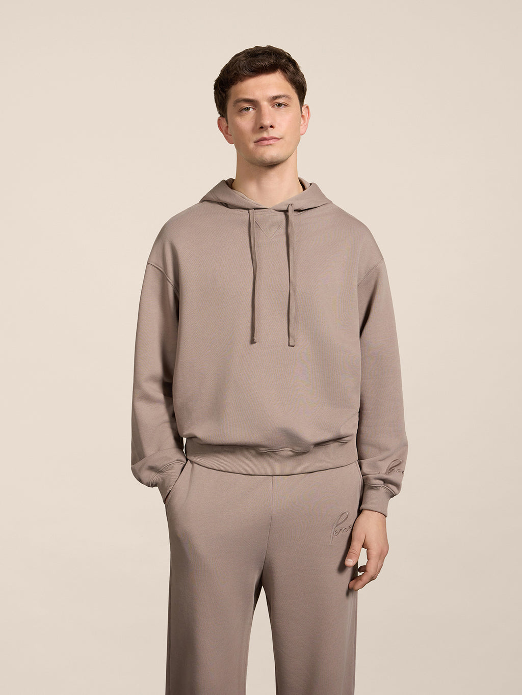 REGULAR-FIT SWEATSHIRT IN TAUPE COTTON WITH HOOD AND EMBROIDERY - TAUPE - Check Active | Pence 1979