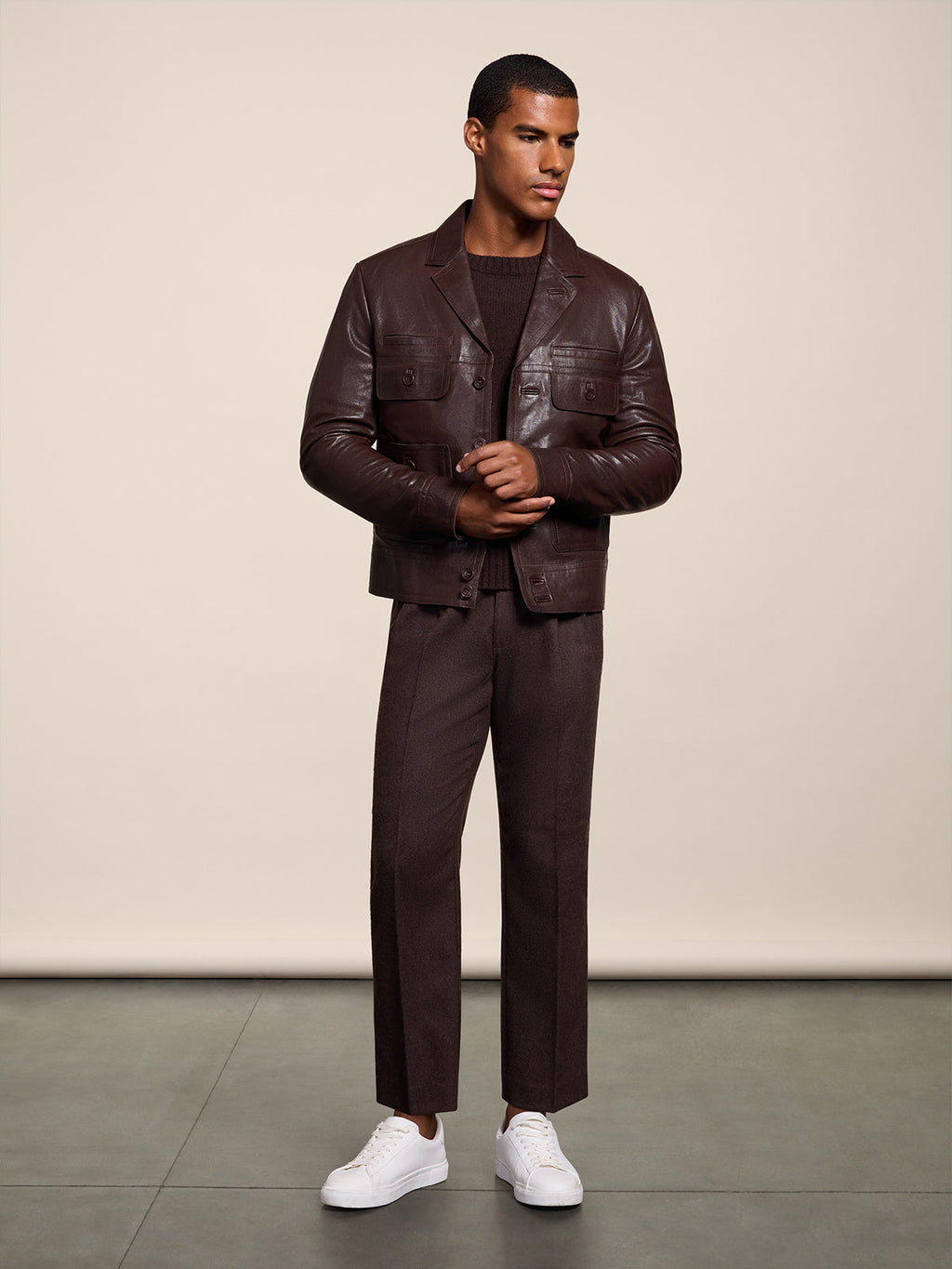 LOOSE-FIT MARRON GLACE' FLANNEL CHINO PANT WITH TWO PLEAT - MARRON GLACE' - Check Active | Pence 1979