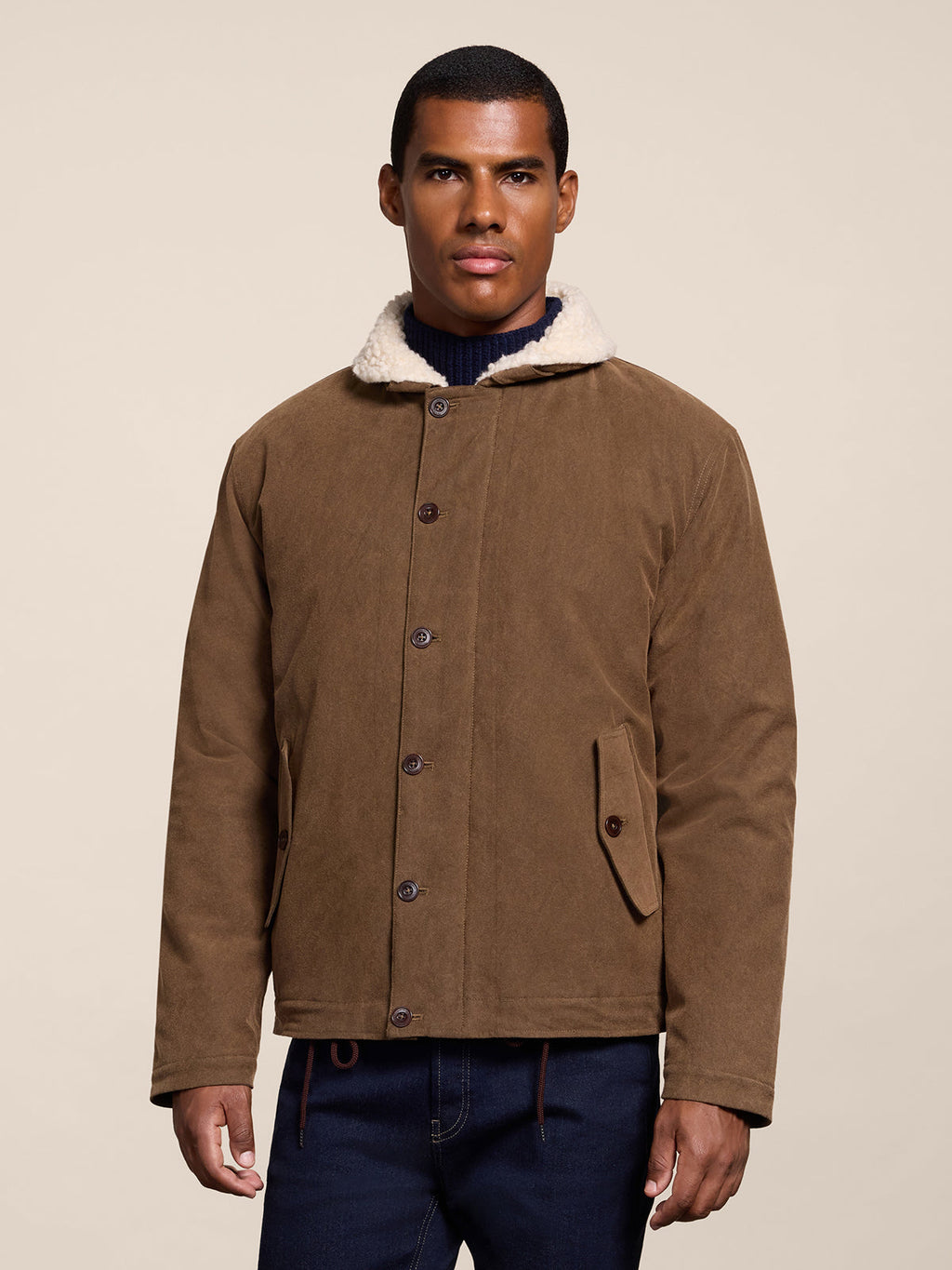 REGULAR FIT NUTMEG COTTON JACKET, WITH ADJUSTABLE HEM AND "TEDDY" LINING - NUTMEG - Check Active | Pence 1979