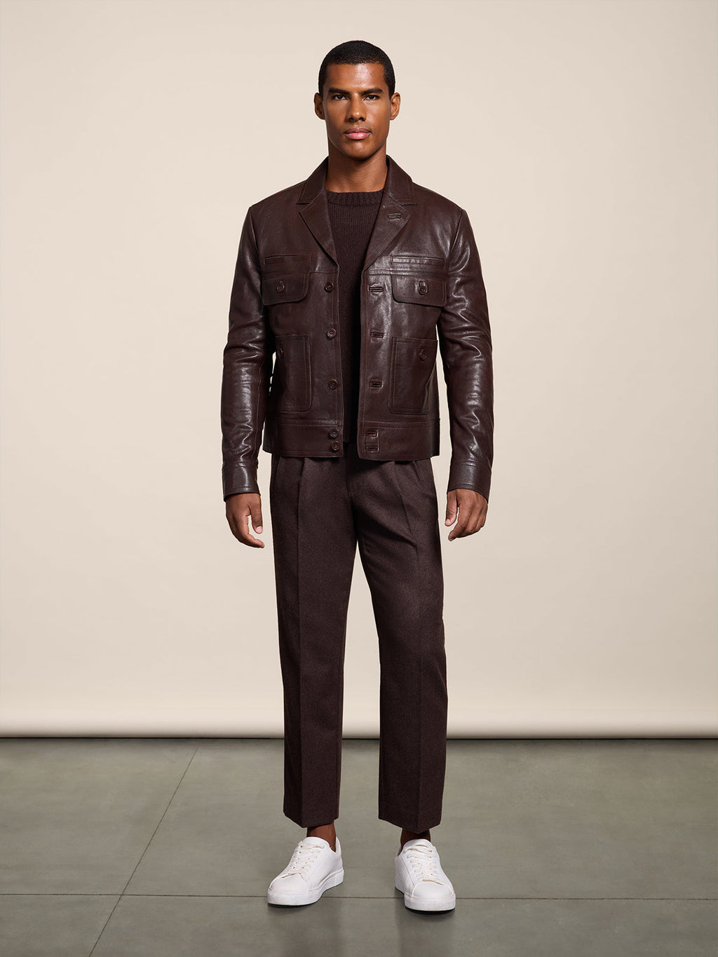 REGULAR FIT MAHOGANY LEATHER JACKET WITH LAPELS AND FOUR POCKETS - MAHOGANY - Capi in Pelle Uomo | Pence 1979