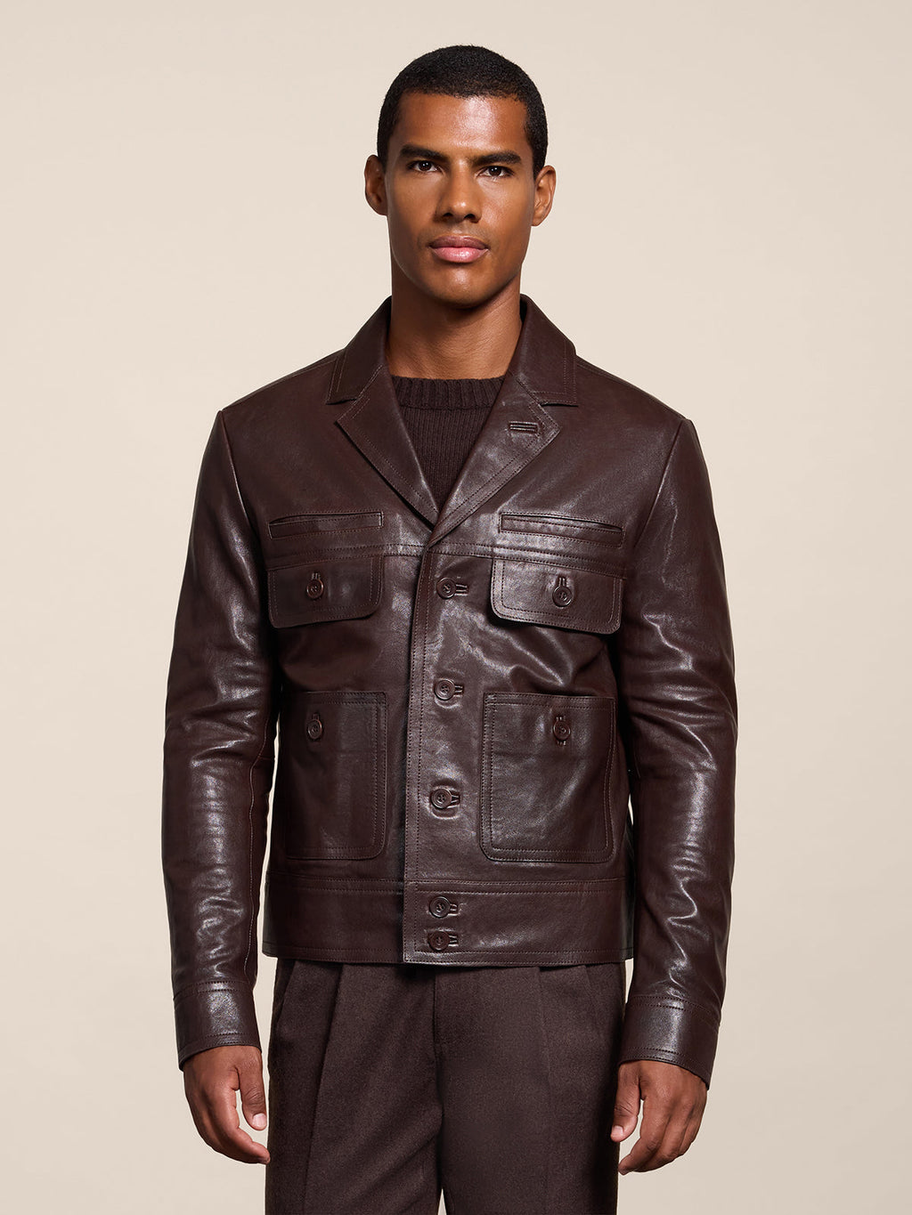 REGULAR FIT MAHOGANY LEATHER JACKET WITH LAPELS AND FOUR POCKETS - MAHOGANY - Capi in Pelle Uomo | Pence 1979