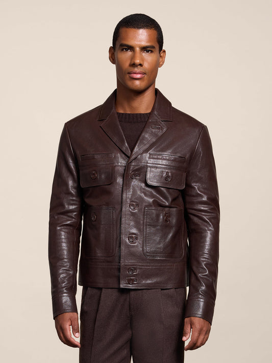 GIUBBOTTO REGULAR FIT IN PELLE MOGANO CON REVERS E QUATTRO TASCHE - MOGANO - Abbigliamento Uomo | Pence 1979