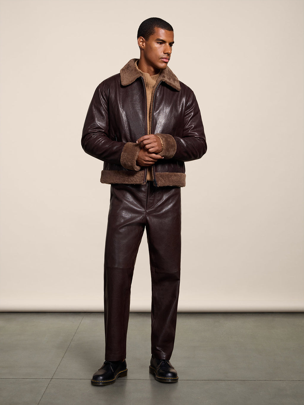 REGULAR FIT MAHOGANY SHEARLING JACKET WITH CENTRAL ZIP - MAHOGANY - Check Active | Pence 1979