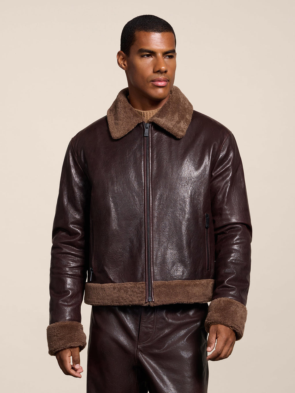 REGULAR FIT MAHOGANY SHEARLING JACKET WITH CENTRAL ZIP - MAHOGANY - Check Active | Pence 1979