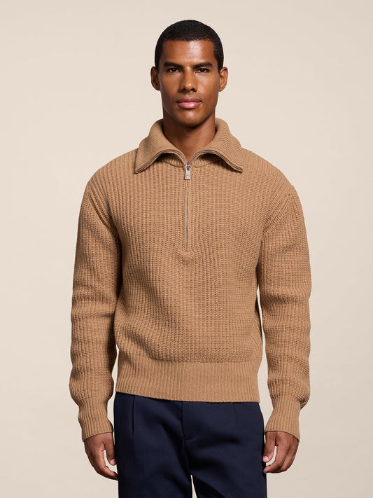 REGULAR FIT CAMEL WOOL ZIP SWEATSHIRT - CAMEL - Check Active | Pence 1979