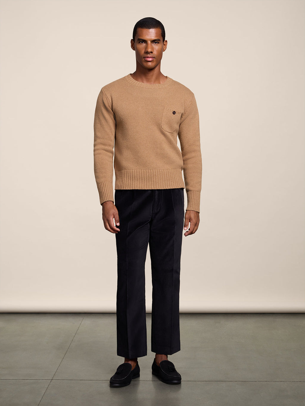 REGULAR FIT CAMEL WOOL CREW-NECK SWEATER WITH BREAST POCKET - CAMEL - Check Active | Pence 1979