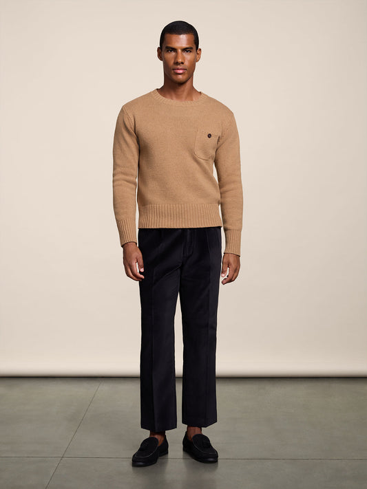 REGULAR FIT CAMEL WOOL CREW-NECK SWEATER WITH BREAST POCKET - CAMEL - Check Active | Pence 1979