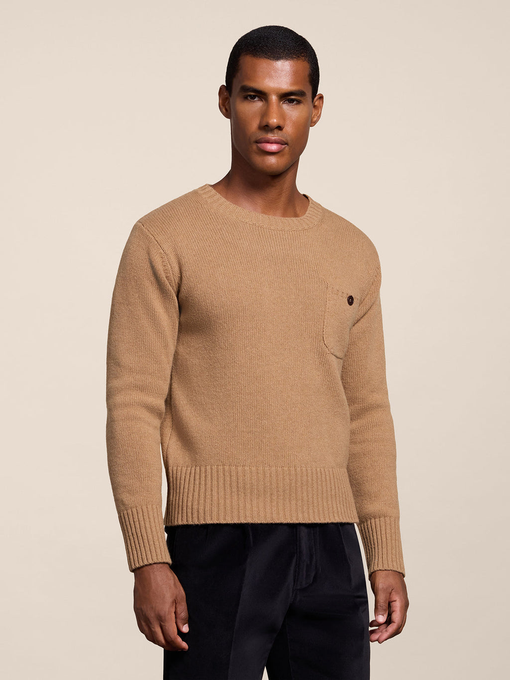 REGULAR FIT CAMEL WOOL CREW-NECK SWEATER WITH BREAST POCKET - CAMEL - Check Active | Pence 1979