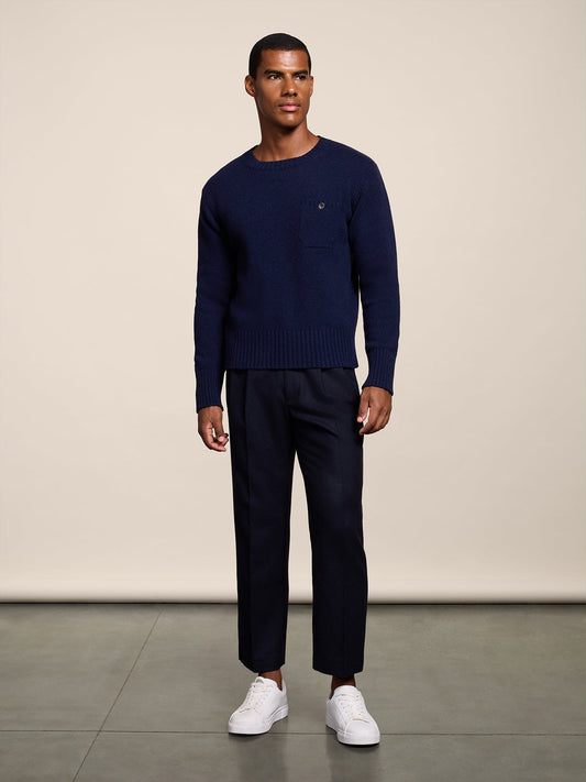 REGULAR FIT PRUSSIAN BLUE WOOL CREW-NECK SWEATER WITH BREAST POCKET - PRUSSIAN BLUE - Check Active | Pence 1979