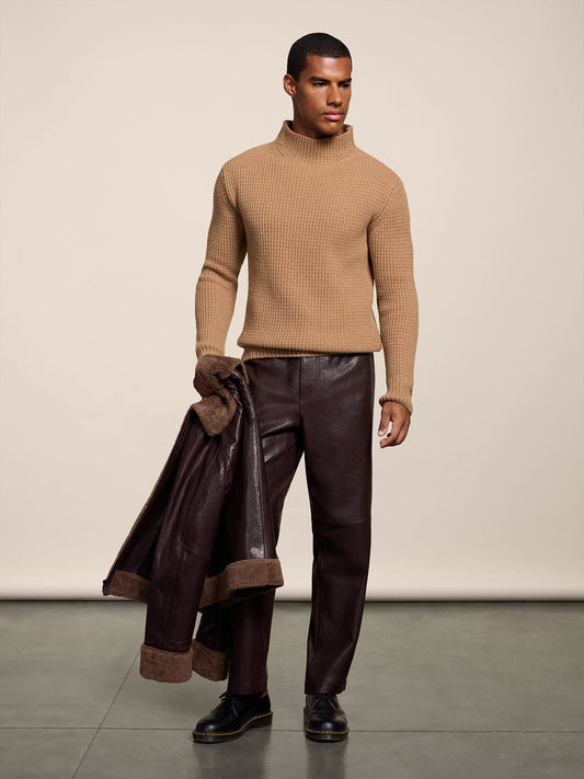 REGULAR FIT CRATER-NECKLINE CAMEL WOOL SWEATER IN CORN STITCH - CAMEL - Check Active | Pence 1979