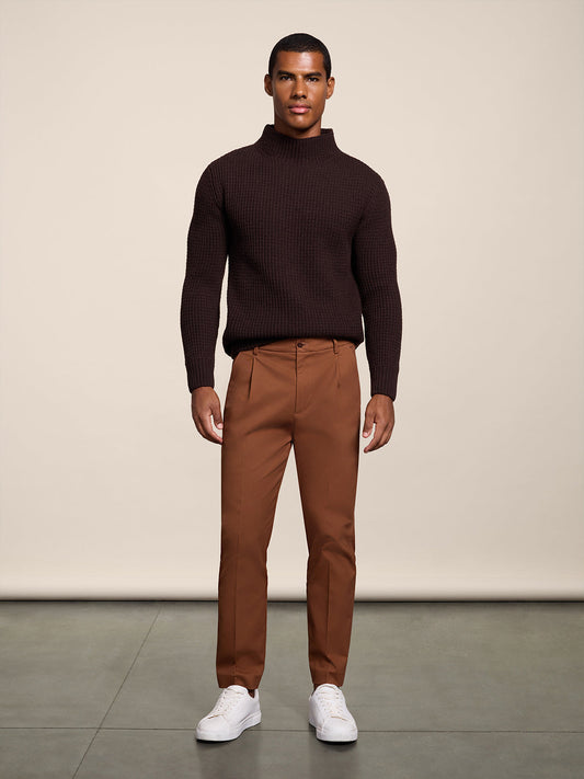 REGULAR FIT CRATER-NECKLINE MAHOGANY WOOL SWEATER IN CORN STITCH - MAHOGANY - Check Active | Pence 1979