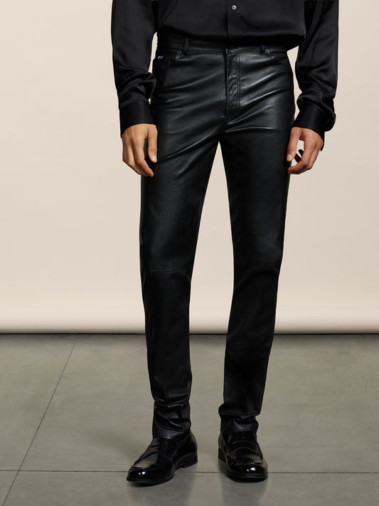 PANTALONE 5 TASCHE DA UOMO SLIM FIT IN PELLE D'AGNELLO COLORE NERO - NERO - Abbigliamento Uomo | Pence 1979
