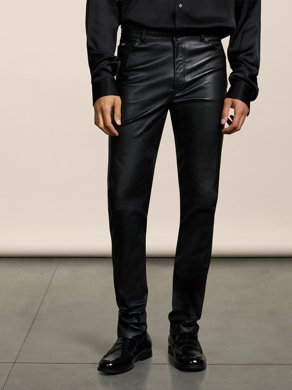 PANTALONE 5 TASCHE DA UOMO SLIM FIT IN PELLE D'AGNELLO COLORE NERO - NERO - Abbigliamento Uomo | Pence 1979