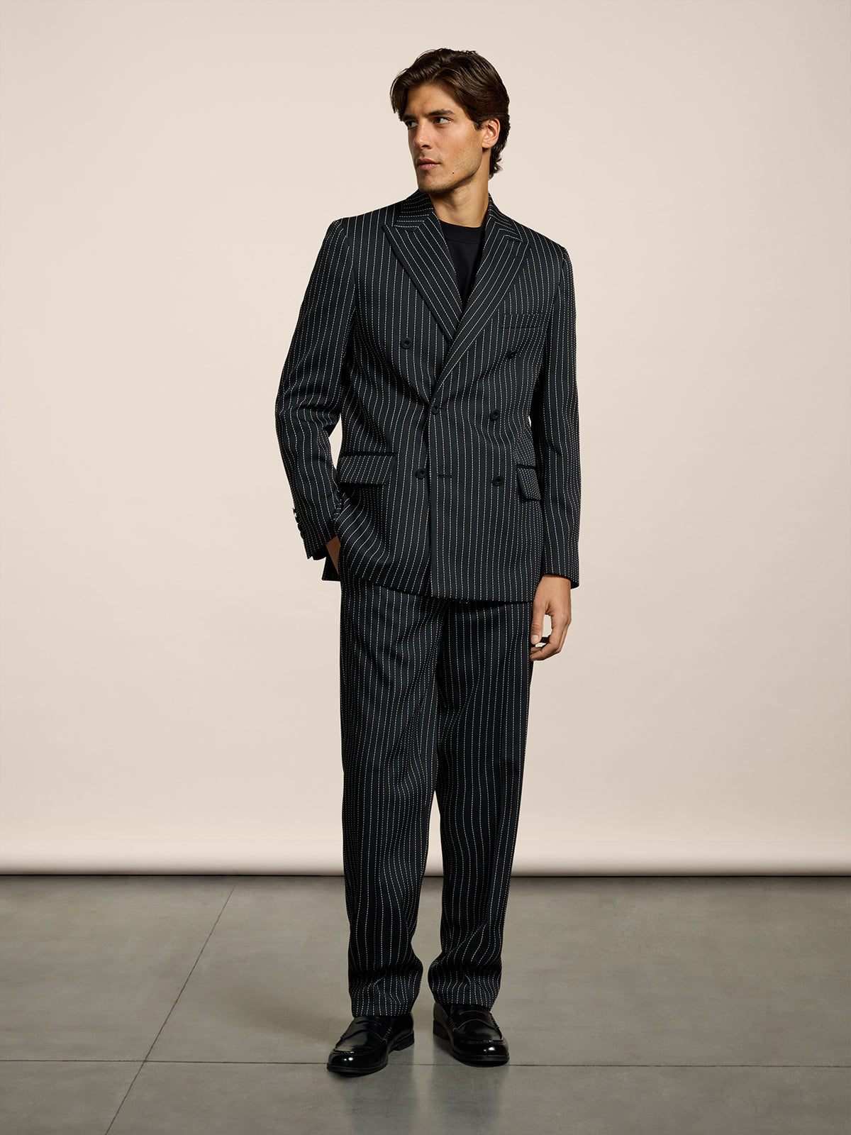 BLAZER DOPPIOPETTO DA UOMO REVERS LANCIA REGULAR FIT IN GESSATO FONDO NERO RIGA BIANCA