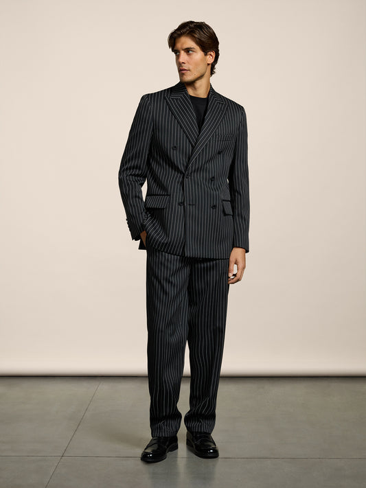 BLAZER DOPPIOPETTO DA UOMO REVERS LANCIA REGULAR FIT IN GESSATO FONDO NERO RIGA BIANCA - NERO/BIANCO PINSTRIPE - Abbigliamento Uomo | Pence 1979