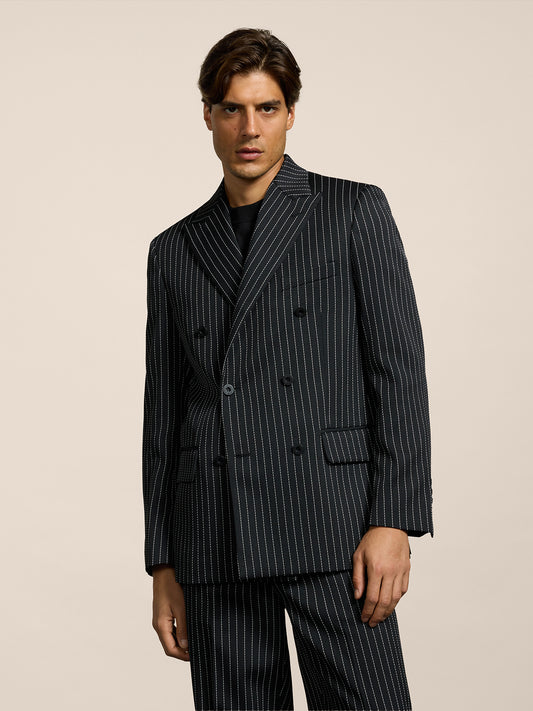 BLAZER DOPPIOPETTO DA UOMO REVERS LANCIA REGULAR FIT IN GESSATO FONDO NERO RIGA BIANCA - NERO/BIANCO PINSTRIPE - Abbigliamento Uomo | Pence 1979
