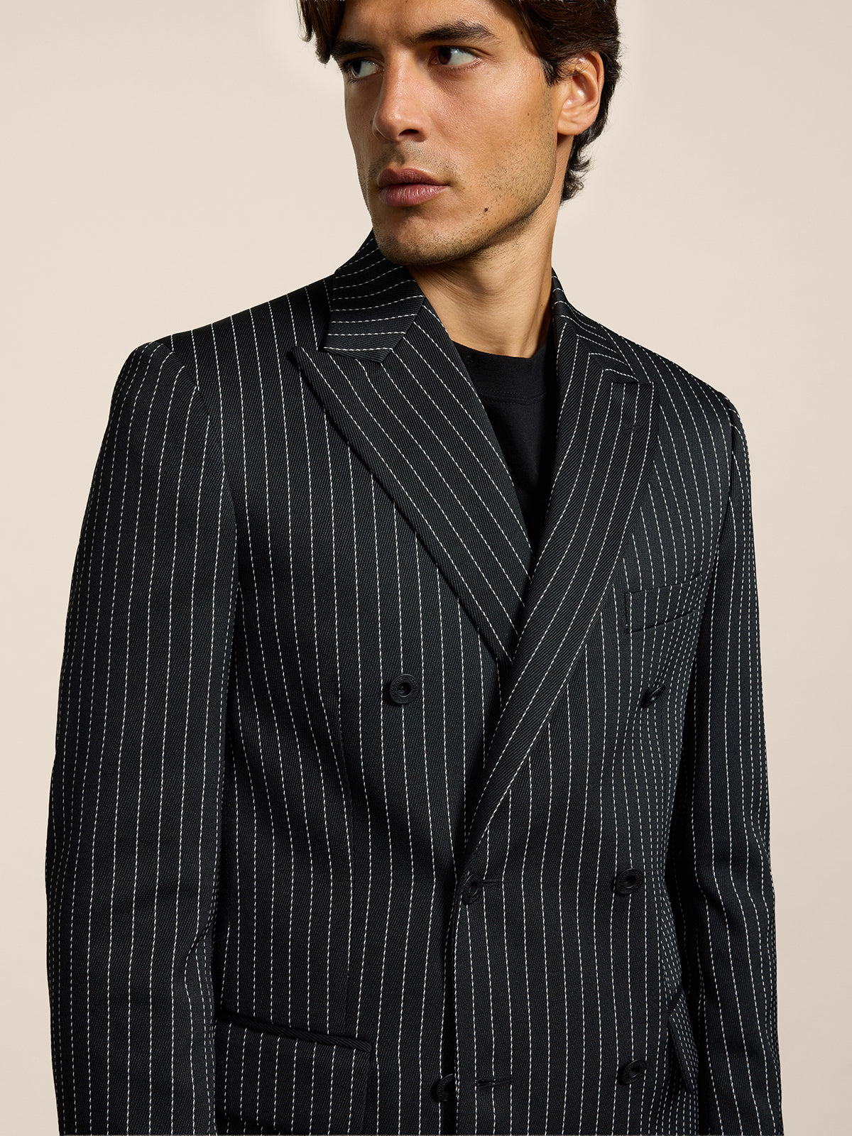 BLAZER DOPPIOPETTO DA UOMO REVERS LANCIA REGULAR FIT IN GESSATO FONDO NERO RIGA BIANCA