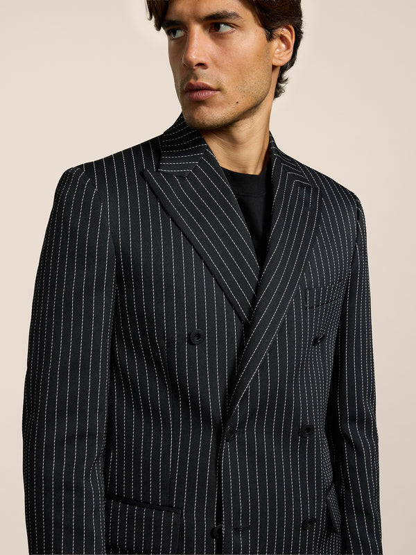 BLAZER DOPPIOPETTO DA UOMO REVERS LANCIA REGULAR FIT IN GESSATO FONDO NERO RIGA BIANCA - NERO/BIANCO PINSTRIPE - Abbigliamento Uomo | Pence 1979