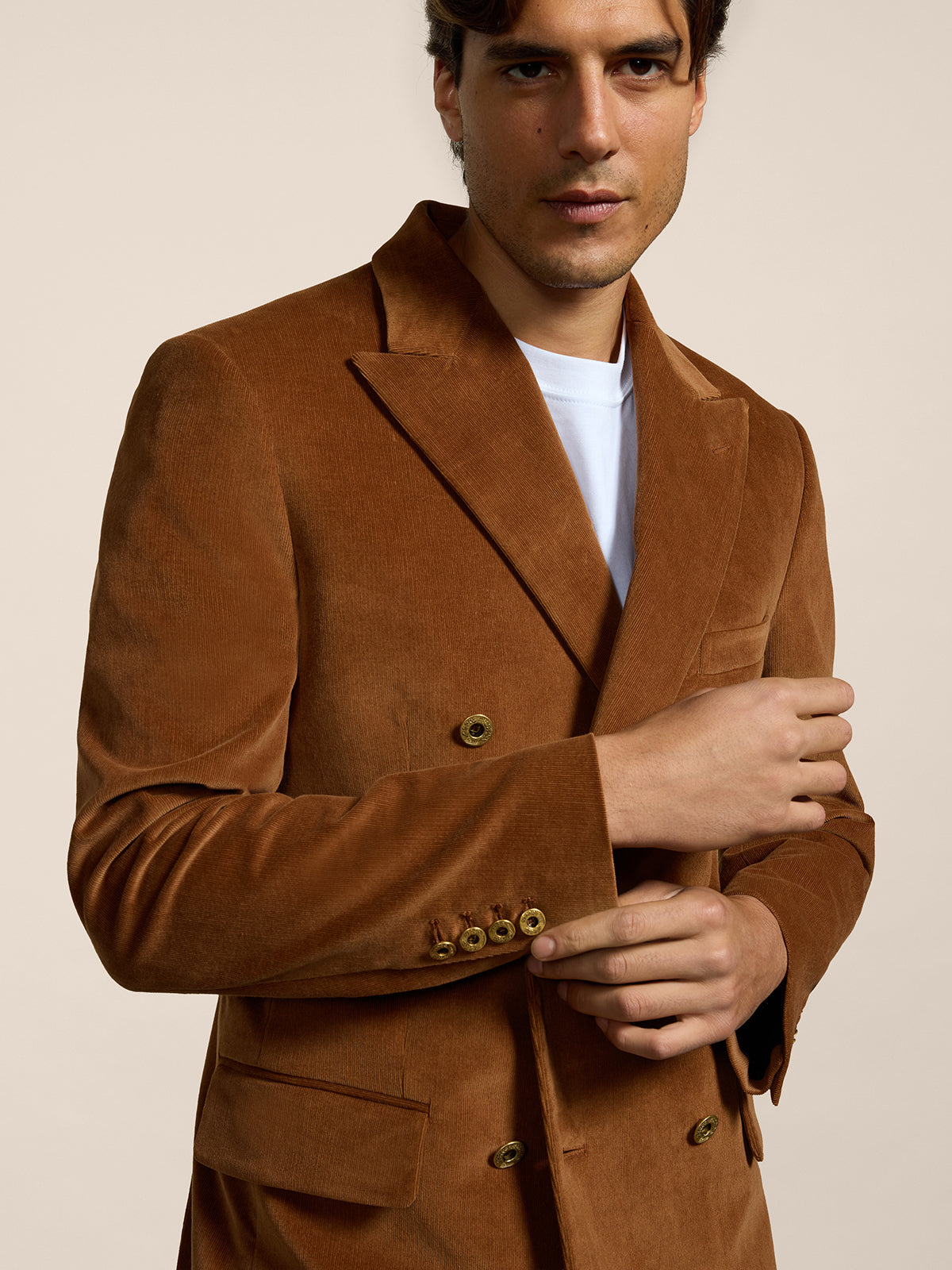 BLAZER DOPPIOPETTO DA UOMO REVERS LANCIA REGULAR FIT IN VELLUTO COLORE CARAMELLO SCURO