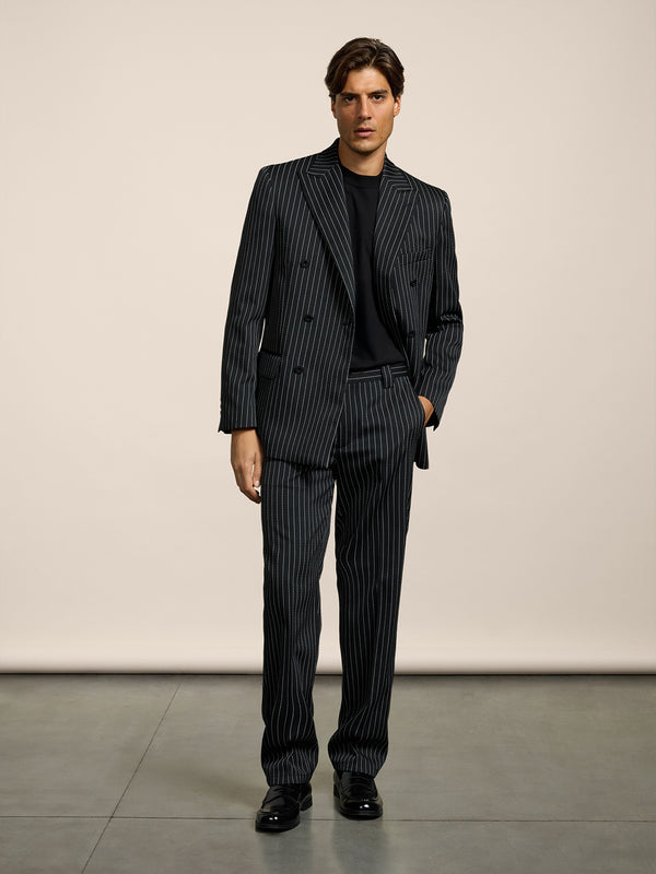 PANTALONE CHINOS DA UOMO REGULAR FIT IN GESSATO FONDO NERO E RIGA BIANCA - NERO/BIANCO PINSTRIPE - Abbigliamento Uomo | Pence 1979