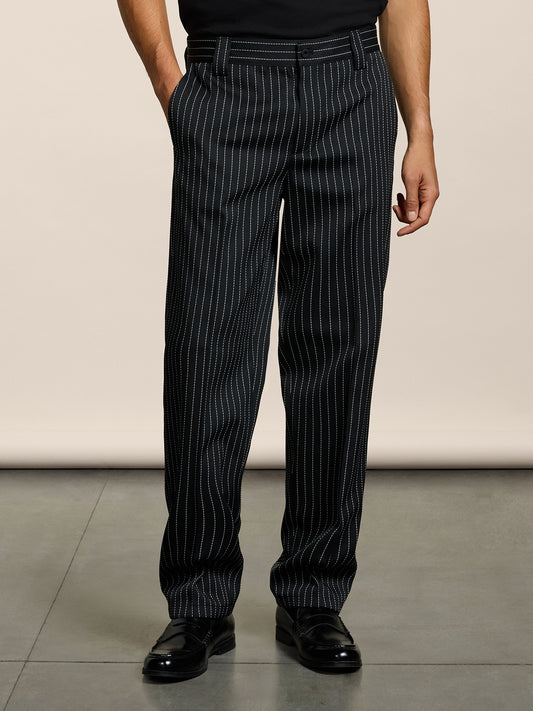 PANTALONE CHINOS DA UOMO REGULAR FIT IN GESSATO FONDO NERO E RIGA BIANCA - NERO/BIANCO PINSTRIPE - Abbigliamento Uomo | Pence 1979