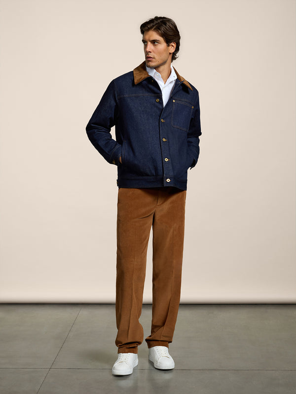 GIACCA DA UOMO REGULAR FIT IN DENIM COMFORT BLU, COLLETTO IN VELLUTO A COSTE MARRONE - DARK DENIM BLUE  - Abbigliamento Uomo | Pence 1979