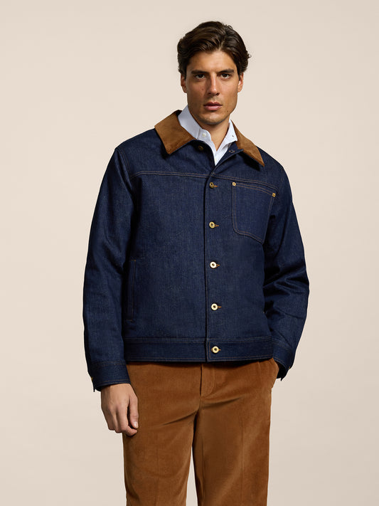 GIACCA DA UOMO REGULAR FIT IN DENIM COMFORT BLU, COLLETTO IN VELLUTO A COSTE MARRONE - DARK DENIM BLUE  - Abbigliamento Uomo | Pence 1979