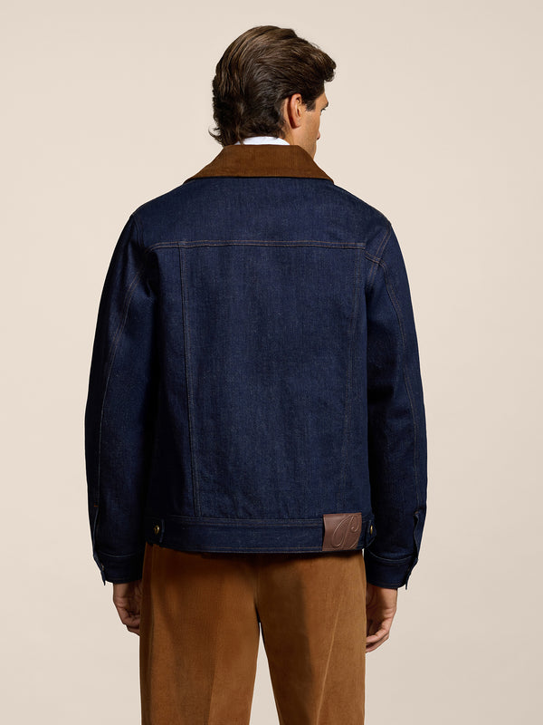 GIACCA DA UOMO REGULAR FIT IN DENIM COMFORT BLU, COLLETTO IN VELLUTO A COSTE MARRONE - DARK DENIM BLUE  - Abbigliamento Uomo | Pence 1979