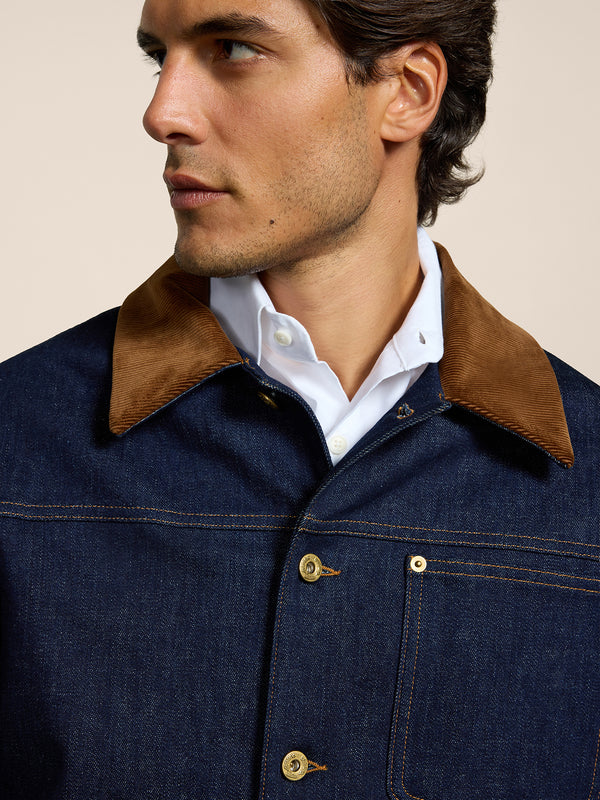 GIACCA DA UOMO REGULAR FIT IN DENIM COMFORT BLU, COLLETTO IN VELLUTO A COSTE MARRONE - DARK DENIM BLUE  - Abbigliamento Uomo | Pence 1979