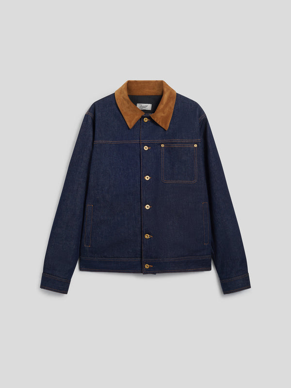 GIACCA DA UOMO REGULAR FIT IN DENIM COMFORT BLU, COLLETTO IN VELLUTO A COSTE MARRONE - DARK DENIM BLUE  - Abbigliamento Uomo | Pence 1979