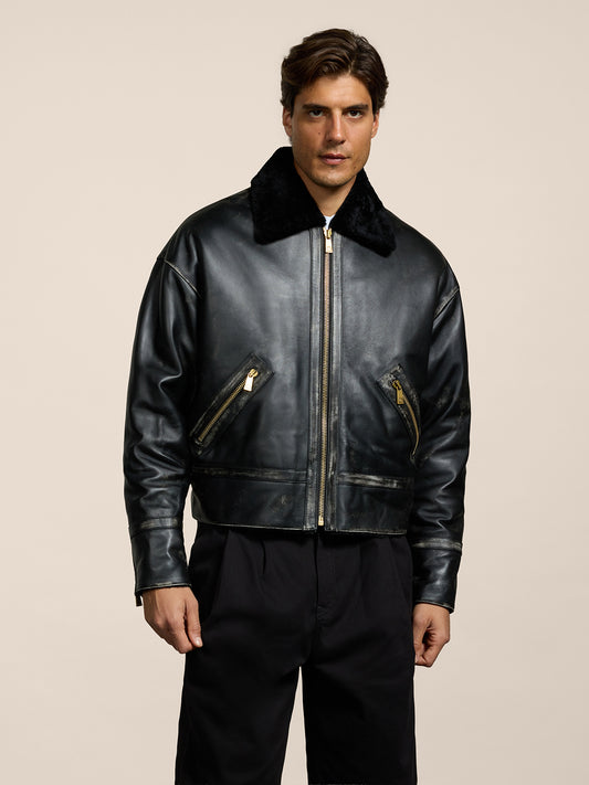 GIUBBINO DA UOMO COMFORT FIT CON INTERNO IN SHEARLING- TRATTAMENTO USED COLORE NERO - NERO - Abbigliamento Uomo | Pence 1979