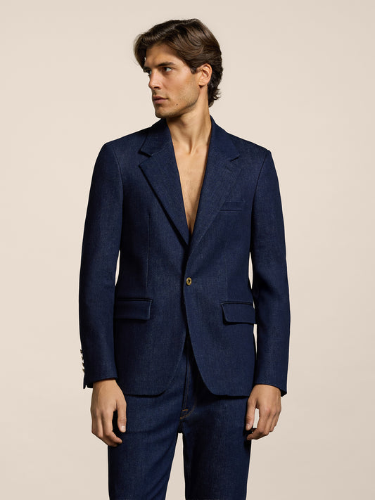 BLAZER MONOPETTO DA UOMO IN DENIM COMFORT BLU, REVERS SPECCHIO 1 BOTTONE, REGULAR FIT - DARK DENIM BLUE  - Abbigliamento Uomo | Pence 1979