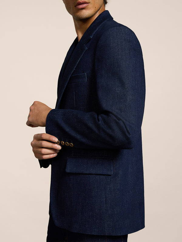 BLAZER MONOPETTO DA UOMO IN DENIM COMFORT BLU, REVERS SPECCHIO 1 BOTTONE, REGULAR FIT - DARK DENIM BLUE  - Abbigliamento Uomo | Pence 1979