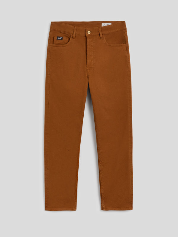 PANTALONE 5 TASCHE DA UOMO IN BULL DI COTONE COMFORT TINTO CAPO, CARROT FIT,COLORE TABACCO - TOBACCO - Abbigliamento Uomo | Pence 1979