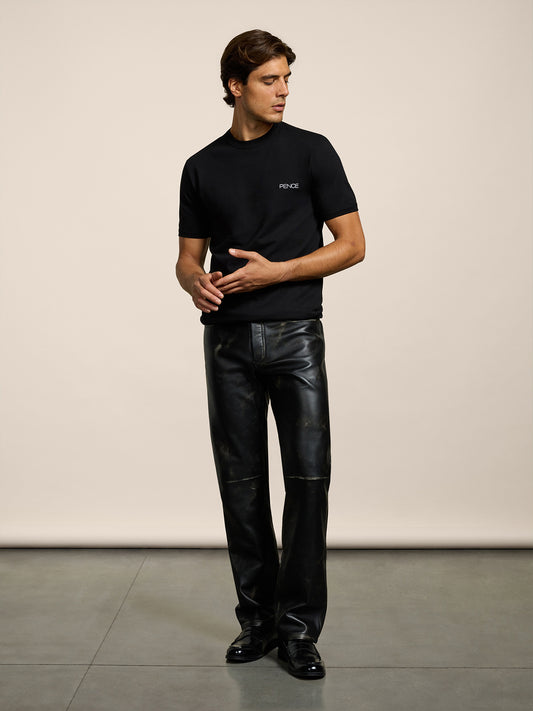 PANTALONE 5 TASCHE DA UOMO LOOSE FIT IN PELLE D'AGNELLO- TRATTAMENTO USED COLORE NERO - NERO - Abbigliamento Uomo | Pence 1979