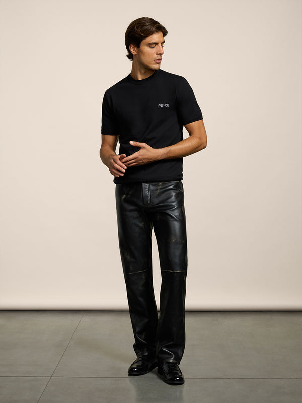 PANTALONE 5 TASCHE DA UOMO LOOSE FIT IN PELLE D'AGNELLO- TRATTAMENTO USED COLORE NERO - NERO - Abbigliamento Uomo | Pence 1979